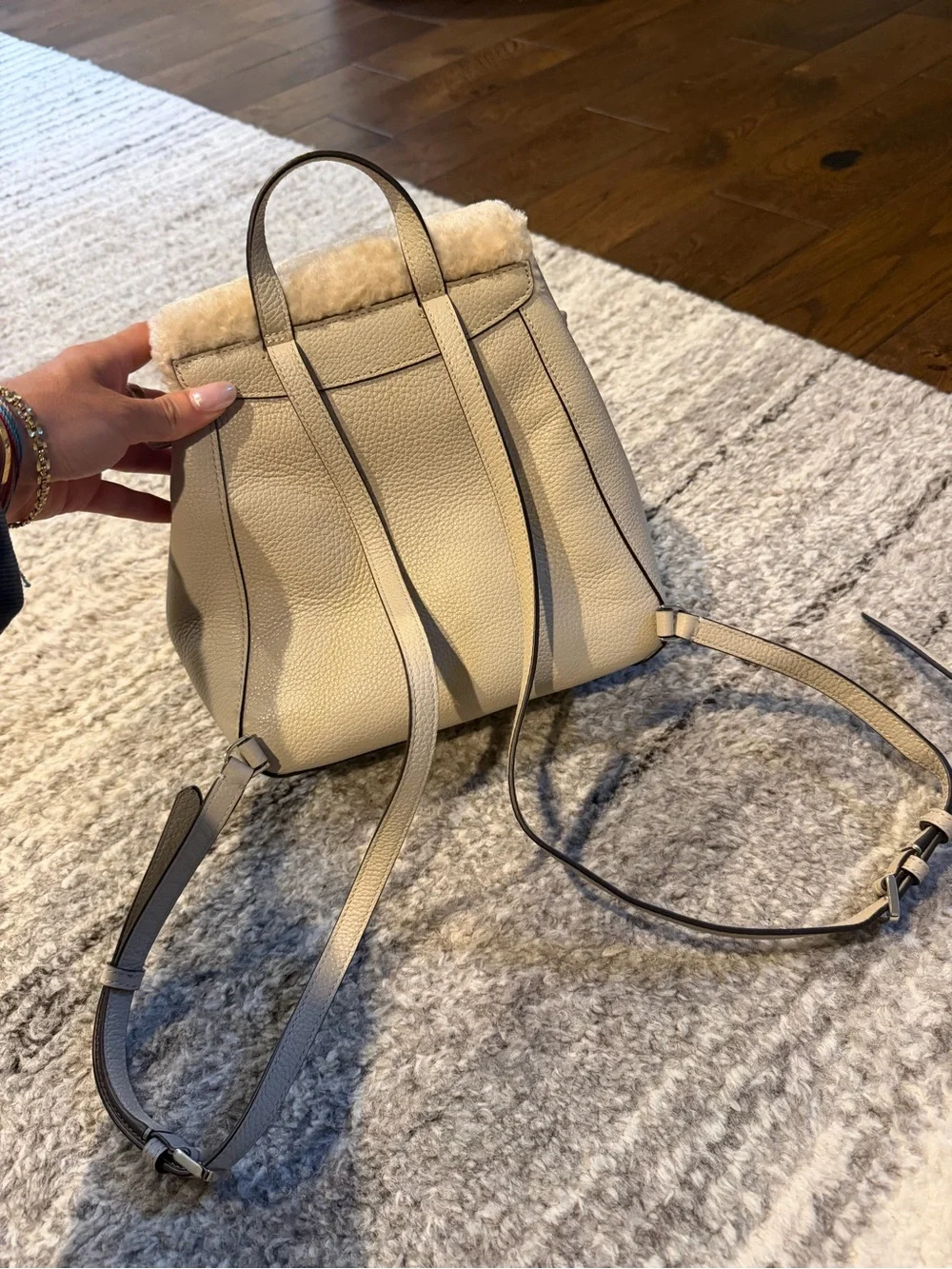 kate spade Cream Shearling-Trim Leather Backpack and Card Wallet